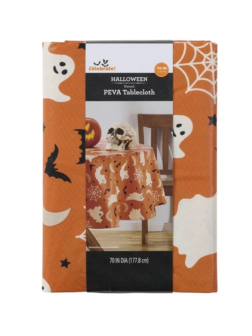Way to Celebrate Halloween Orange Ghost PEVA Tablecloth 70